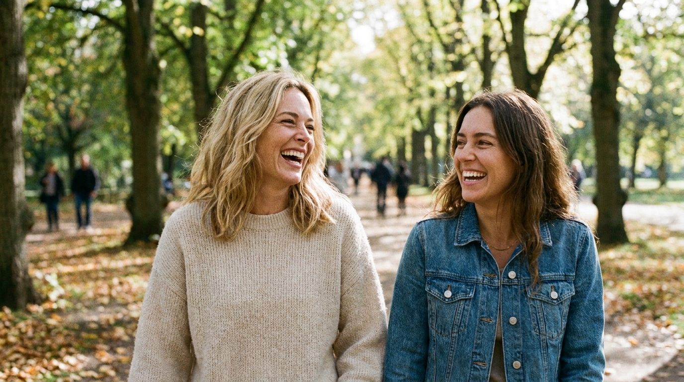 Laura laughing with a friend at a sunny café