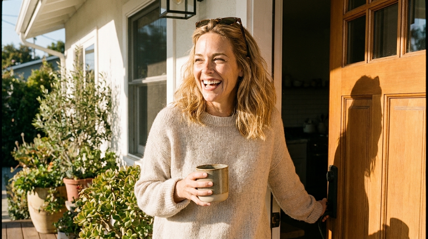 Laura heading out the door on a bright morning, mug in hand