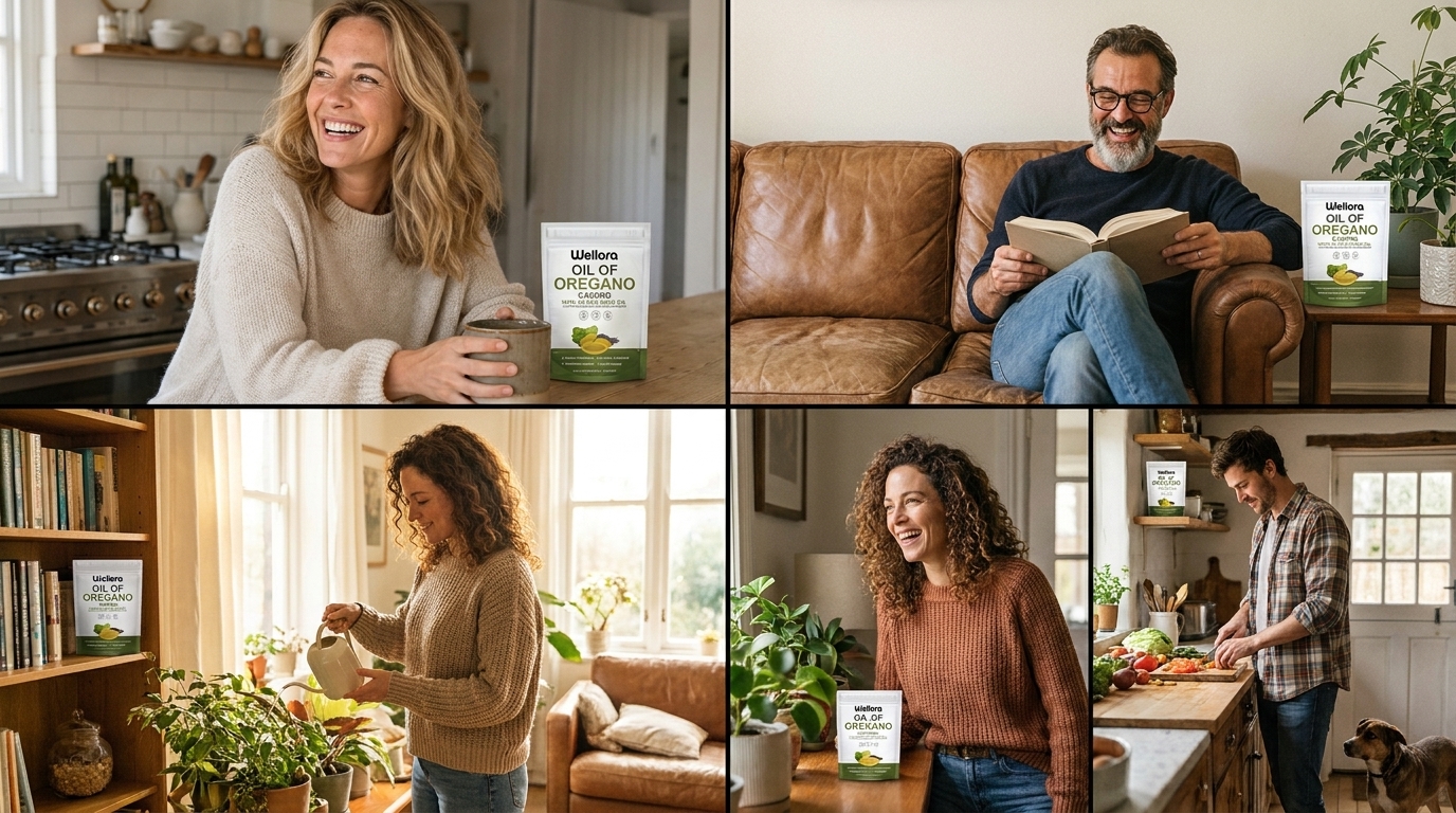 Four happy real-looking customers in their homes