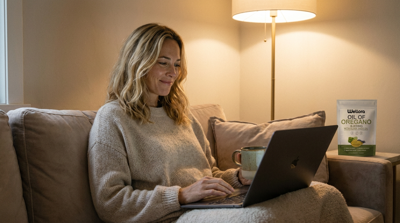 Laura on the couch with a laptop and tea, curious half-smile