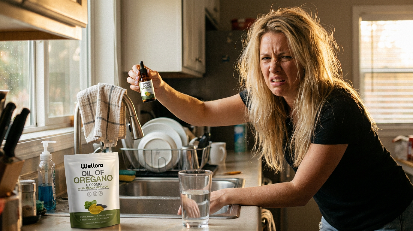 Laura making a yuck face at a dropper bottle in her kitchen
