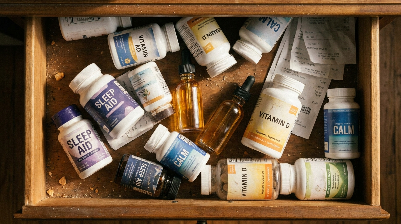 A drawer full of abandoned supplement bottles